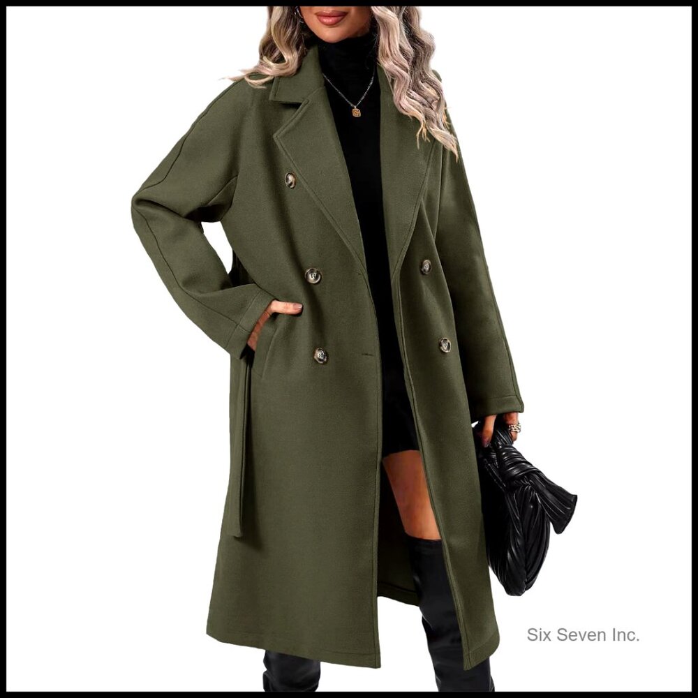 Women's Wool Pea Coat Double Breasted Belted Mid-Length Winter Overcoat